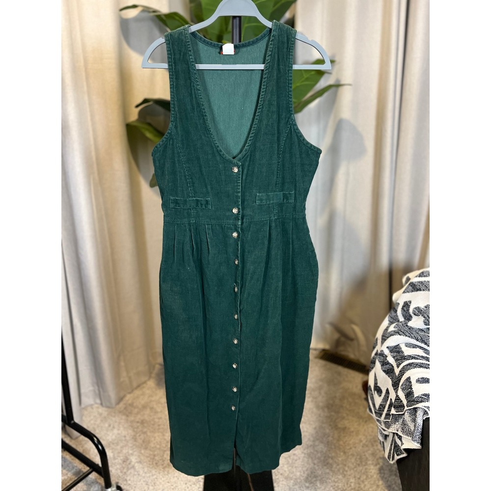 Manor House Vintage Green Corduroy Jumper Dress Button Front Made in USA Medium